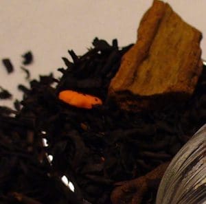 Close-up of loose black tea leaves with a cinnamon stick and a small orange petal.