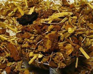 Herbal tea blend with dried roots.